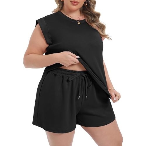 OLRIK Plus Size Pajamas for Women 2-Piece Loose Fit Shorts Top Summer Postpartum Loungewear Black-4X