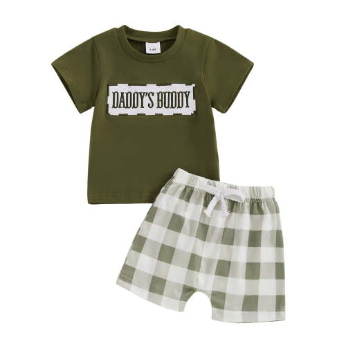 Utlike Boys Outfits Sets Baby Summer Clothes Daddys/Mamas Matching Outfit Short Sleeve Embroidery T Shirt Plaid Toddler Shorts Set Boys Casual Outfits Size 0 Months-6 Months