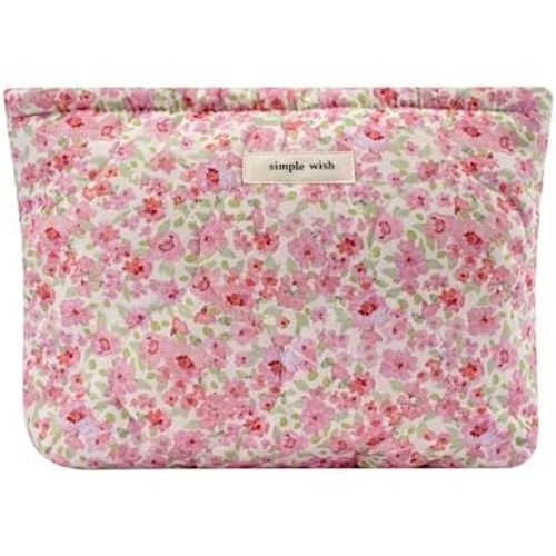 uekeboag Quilted Floral Cotton Makeup Pouch,Coquette Quilted Cosmetic Bag for Women and Girls, Aesthetic Organizer Bag, Flower Cute Travel Toiletry Bags(01Pink Little Flower)