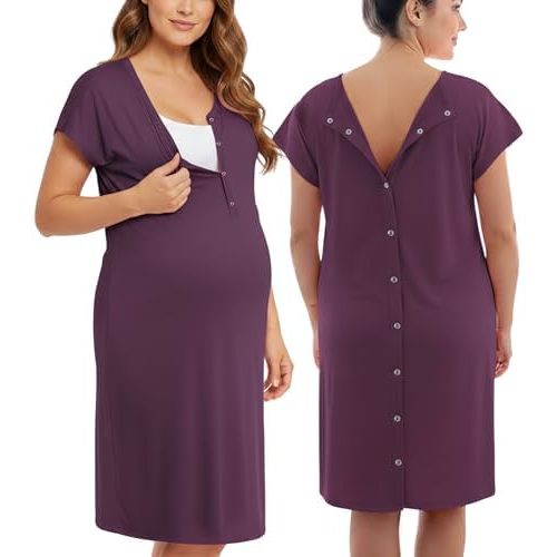 PATPAT Maternity Labor and Delivery Gown, 3 in 1 Hospital Nursing Nightgown with Easy Snaps, Skin-to-Skin Access & Pockets