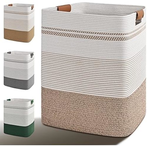 Laundry Hamper, 85L Tall Laundry Basket with Leather Handles, Rectangle Large Clothes Hamper for Organizing, Cotton Woven Laundry Baskets Storage Hampers for Bedroom, Nursery, Living Room