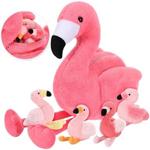 Skylety 18 Inches Flamingo Stuffed Animal with 4 Babies Plush Toys Inside Zippered Tummy Pink Mommy Flamingo Toy Stuffed Animals for Birthday Valentines Party Gifts Decoration