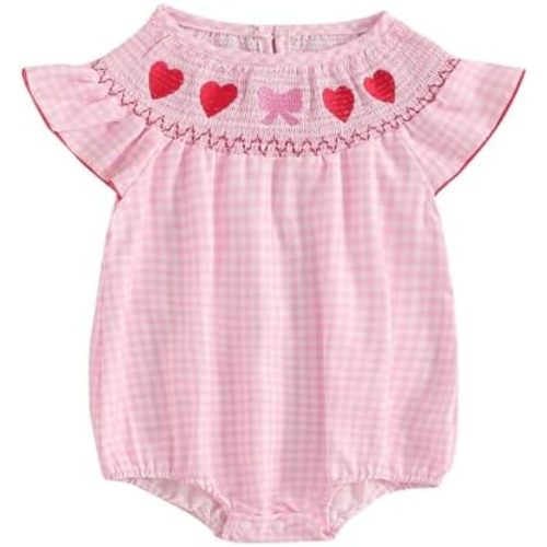 Kayotuas Newborn Baby Girls Smocked Bubble Romper Cute Embroidery Ruffle Gingham Bodysuit Dress Infant Toddler Summer Clothes
