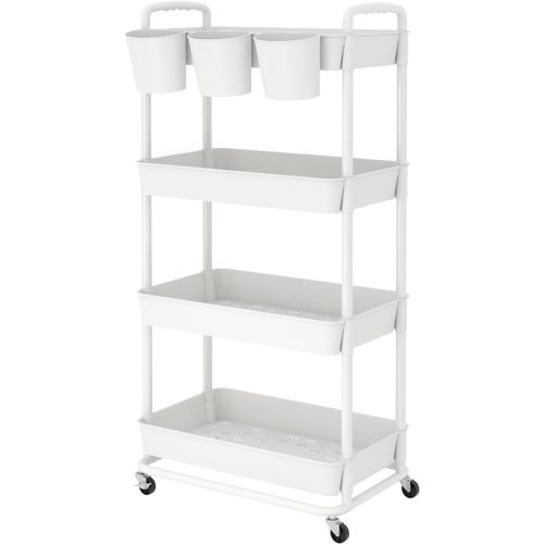 JIUYOTREE 4-Tier Plastic Rolling Storage Cart Utility Cart with Extra Hanging Cups Handles Lockable Wheels for Living Room Bathroom Kitchen Office White