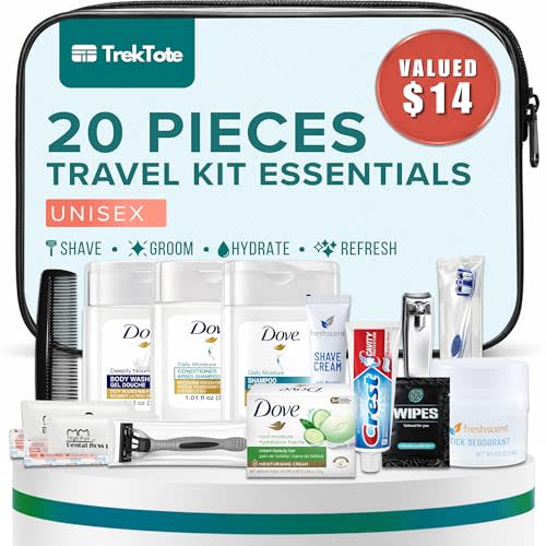 20 Piece Unisex Travel Hygiene Kit with Toiletries & Personal Care Essentials, TSA-Compliant, Individual and Bulk Packs Available