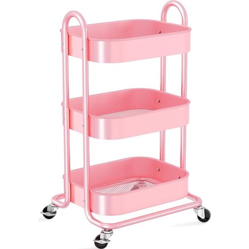 3 Tier Rolling Cart Organizer, Metal Rolling Cart with Lockable Wheels & Reinforced Handle, Utility Storage Organizer Carts for Kitchen, Bathroom, Garage, Baby Diaper, Craft, Art, Teacher