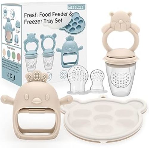 3 Pack Silicone Teething Mitten for Babies with Baby Fruit Food Feeder & Freezer Tray Set, BPA Free Infant Teething Relief Toy for 3 Month+, Additional Silicone Sacs - Bear Beige