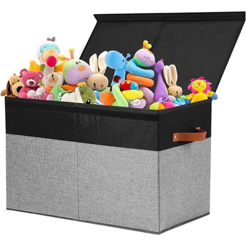 Large Toy Storage Box with Lid, Sturdy Toys Storage Chest Bin Organizer Basket with Dividers for Kids, Boys, Girls, Nursery, Closet, Bedroom, Playroom 25"x13" x16" (Black and Grey)