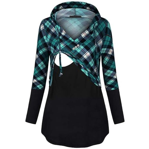 Quinee Women's Long Sleeve Plaid Colorblock Nursing Pullover Hoodie Sweatshirts