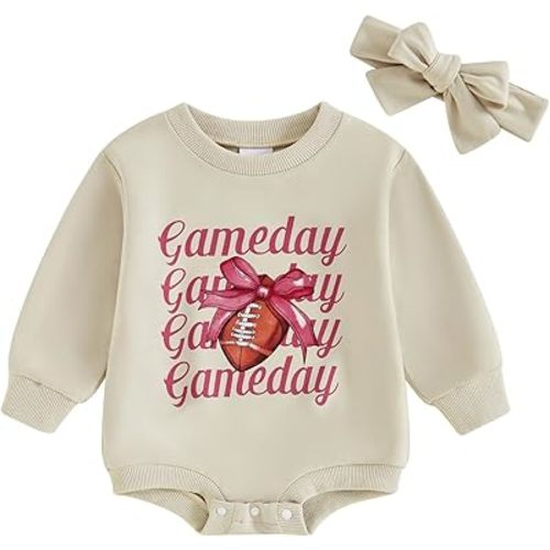BemeyourBBs Newborn Baby Girl Football Clothes Bubble Romper Sweatshirt Romper Fall Cute One Piece Outfit