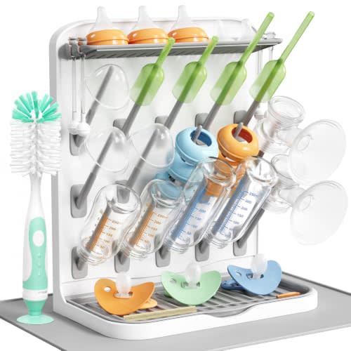Lifewit 15-Hooks Baby Bottle Drying Rack with Drain Mat & Brush, BPA Free | Vertical Bottle Storage Organizer, Stand-Up Dryer Holder for Pacifiers, Pump Parts, Baby Stuff, Newborn Essentials Must Haves
