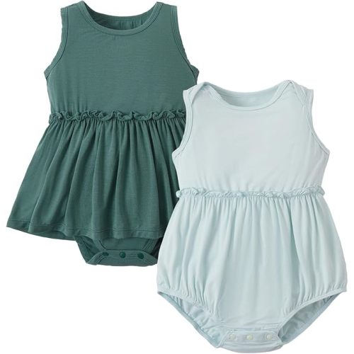 PATPAT Bamboo Baby Girl Clothes - Soft & Breathable Viscose Outfits - Sleeveless Bodysuit Dress Summer- 2 Pack Newborn Infant