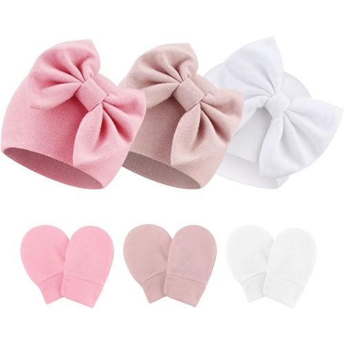 Newborn Baby Hats and Mittens Set Infant Bow Beanie Cap Toddler Gloves Newborn Hospital Hats for Baby Boy Girl Kid 0-6 Months