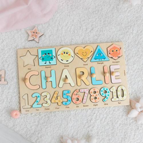 Name Puzzle With Pegs at Extra Charge, Busy Puzzle, Montessori Toys, Wooden Name with Numbers, Baby Shower Gift, Personalized Baby Puzzle