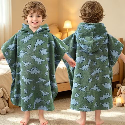 Toddler Poncho Towel,1-3Y Soft Thick Cotton,Green Dino