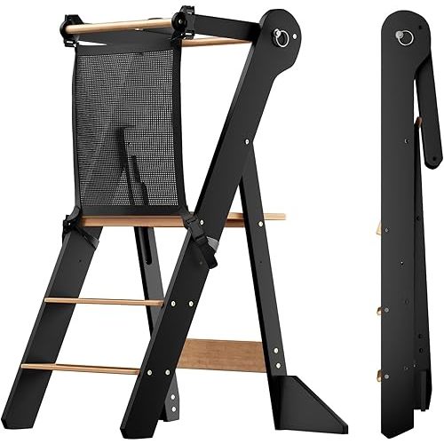 COSYLAND Foldable Toddler Standing Tower - Adjustable Height Folding Step Stool Kid Toddler Kitchen Stool for Learning and Cooking - Ages 18 Months to 6 Years with Safety Net Natural & Charcoal