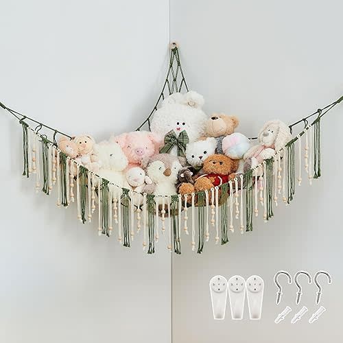 Pretty Jolly Stuffed Animal Storage Hammock with Wooden Beads Corner Hanging Net Boho Tassel for Toy Plush Holder for Kid Room Nursery Decor Wall Display Organizer for Girls Boy Gift(Avocado Green)