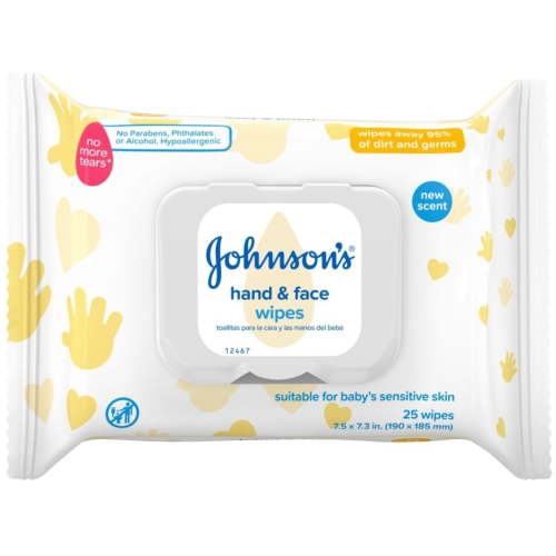 Johnson's Baby Hand & Face Cleansing Wipes to Remove 95% of Germs and Dirt from Skin, Pre-Moistened Allergy-Tested Wipes, Paraben & Alcohol-Free, 25 ct (Pack of 3)