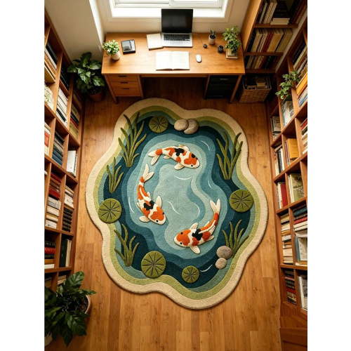 Koi Pond Area Rug - Organic Shape Blue Multicolor Design, Non-Slip Backing, Jumbo Size 05