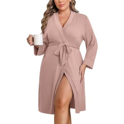 Ekouaer Women Plus Size Robe Knee Length Lightweight Bathrobe Short Kimono Robes with Pockets Maternity Robe 1X-5X