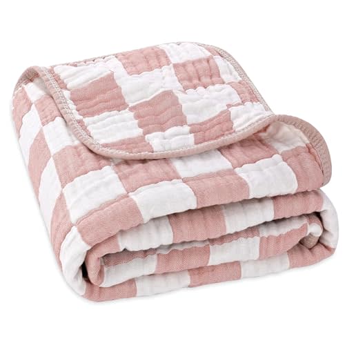 6-Layer Muslin Baby Blanket Made with Organic Cotton - Classic Neutral Checkered, Swaddle & Crib Quilt, 43”x43”, Dusty Pink Checkered, 1-Pack