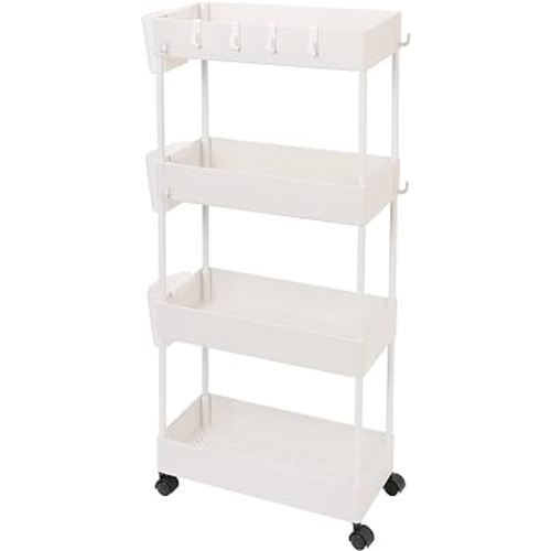 JAKAGO 4-Tier Utility Rolling Storage Cart Slim Mobile Shelves on Wheels Multi-Function Trolley with Mesh Basket Storage Organizer Rack for Kitchen Pantry Bathroom Laundry (White)