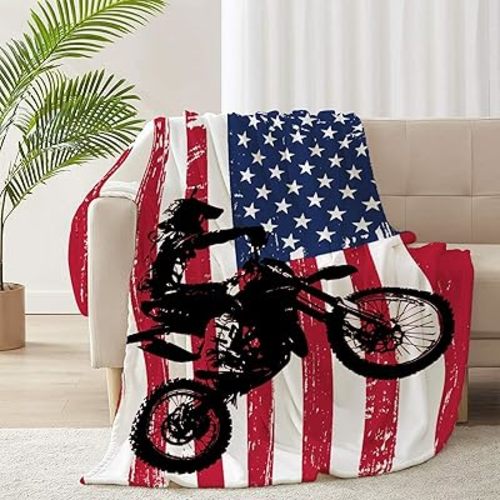Motorcycles Dirt Bike American Flag Blanket - Soft Fleece & Flannel Throw - 50x40 inches - Kids