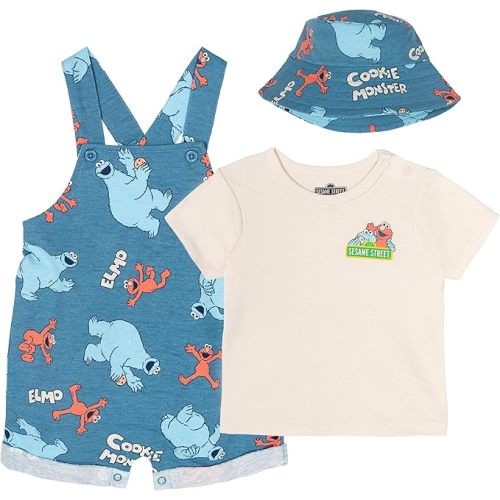 Sesame Street French Terry Short Overalls, T-Shirt & Bucket Sun Hat 3 Piece Outfit Newborn to Toddler Sizes (Newborn - 4T)