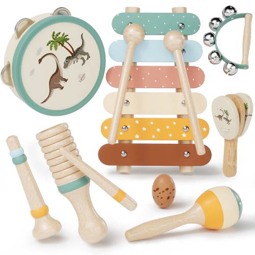 OROLIVING Baby Musical Instruments Toy Set, Xylophone Maracas, Wooden Percussion Kit, 8-in-1 Music Toys for Toddlers