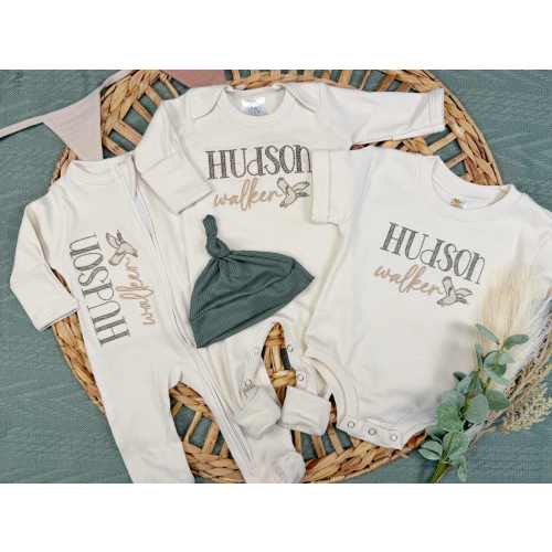 Personalized Baby Boy Newborn Outfit | Natural Oatmeal Romper Duck Bab – Wonderfully Made