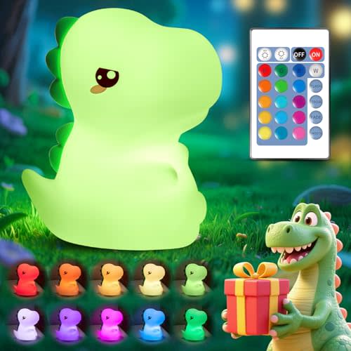 One Fire Dinosaurs Night-Lights 16 Colors+Remote LED Squishy Cute Lamp, Silicone Dimmable Nursery Night Light for Bedroom, Cute Light Up Dinosaur, Rechargeable Kawaii Lamp for Baby Nursery Boys Gifts
