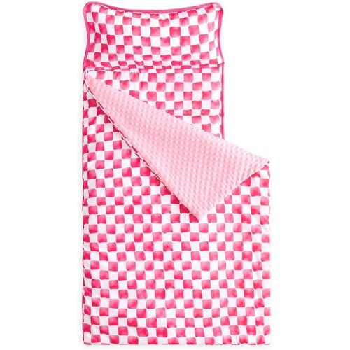Wake In Cloud - Toddler Nap Mat with Pillow and Minky Fleece Blanket, for Kids Boys Girls Ages 3 Plus in Daycare Preschool, Roll Up Sleeping Bag, Gingham Grid Checkered, Hot Pink White, Standard