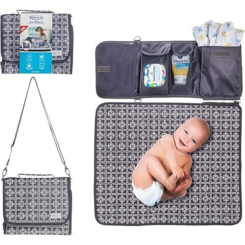 Graco Portable Baby Diaper Changing Table Pad Bag with Wipe & Travel Essentials Pockets - Deluxe Compact Clean Padded Infant Changer Mat - Unisex Grey