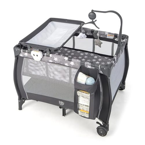 Costzon 3 in 1 Pack and Play with Bassinet, Portable Baby Playard with Changing Table, Music Box, Whirling Toys, Wheels/Brake, Basket, Foldable Infant Bassinet Crib for Baby Toddlers Indoor Outdoor