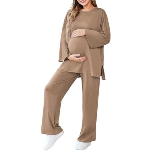 Womens Maternity Pajamas Sets 2 Piece Outfits Long Sleeve Tops and Pregnancy Loungewear Mama Clothes with Pockets