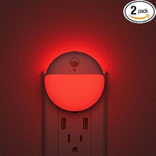 YUNLEX 2 Pack Plug in Red Sleep Night Light with Motion Sensor and Dusk to Dawn Sensor, 3 Modes, Soft Glow, 0% Blue Light True Red, Dimmable, LED Lights for Bedroom, Sleep, Kids, Bathroom, Hallway