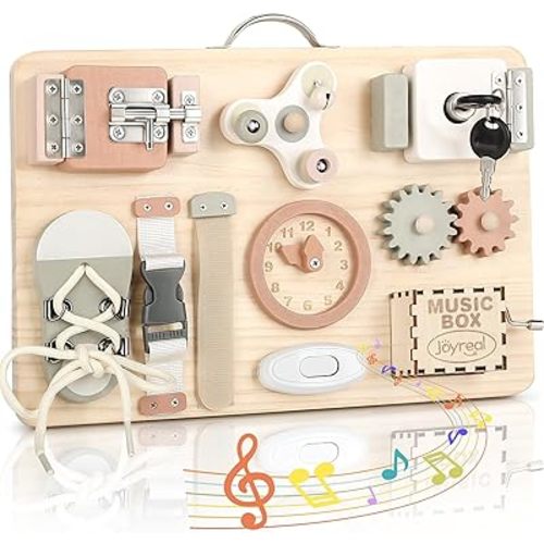 Joyreal Wooden Busy Board for Toddlers, Montessori Toys for 1 2 3 Year Old, Sensory Activity Board with Music Box & 12 Motor Skill Activities, Educational Travel Toys Gift for Boys Girls