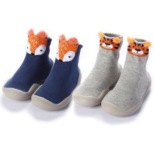 2 Pairs Baby Sock Shoes Toddler Infant Non Slip Soft Rubber Sole Slippers First Walking Shoes for Baby Boys Girls