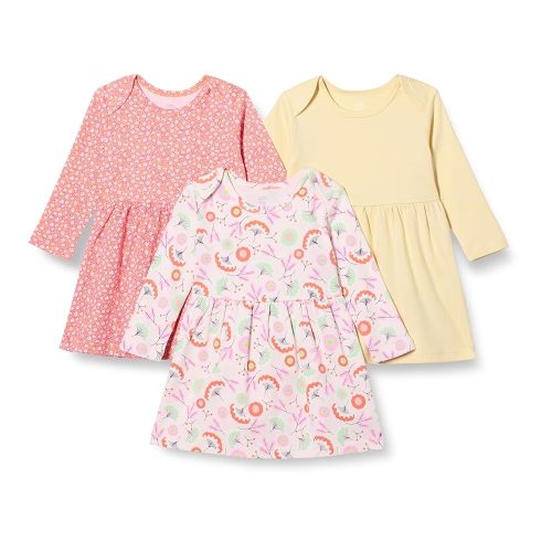 Amazon Essentials Toddlers and Baby Girls' Cotton Long-Sleeve Dress, Pack of 3