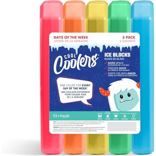 Cool Coolers by Fit + Fresh, 5 Pack Days of the Week Ice Blocks, Compact & Reusable Ice Packs for Lunch Boxes & Coolers, Multi Colored