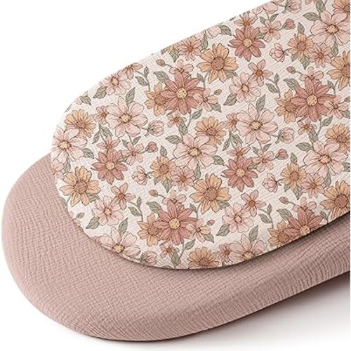 Konssy Muslin Bassinet Sheets for Baby Girl Boy, 2 Pack Soft Breathable Baby Bassinet Mattress Sheets Fit for Hourglass Oval Cradle, Moses Basket Rectangle Mattress (Vintage Petals,Taupe)