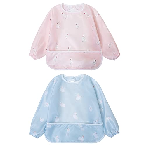 Little Dimsum Baby Bib with Pocket Waterproof Toddler Bibs Infant Feeding Bibs for Boys and Girls, Pack of 2 Colors