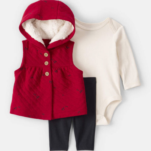Red/Black/White Baby Girl 3-Piece Bow Print Sleeveless Jacket, Bodysuit & Pant Set - Black/White/Red | Carter’s Oshkosh Canada