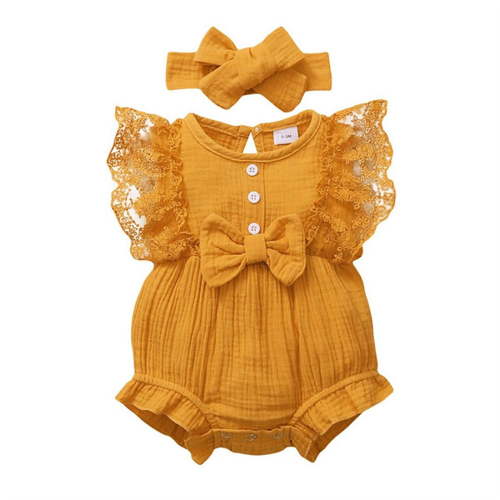 Ulitacool Girls Onesie Lace Romper Sleeveless Ruffle Bow Decorated Romper Jumpsuit Bodysuit With Headband Clothes Comfortable Daily Wear 0-3 Months Yellow