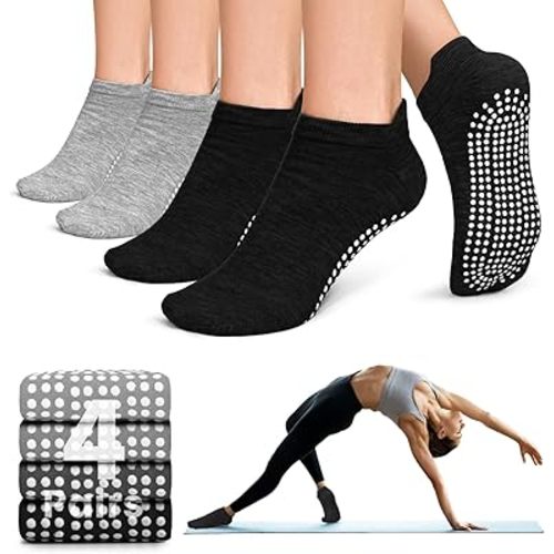 yeuG Pilates Socks for Women Non Slip Grip Socks for Yoga, Barre, Hospital, Barefoot Grippy Yoga Sock Womens Gifts 4 Pairs