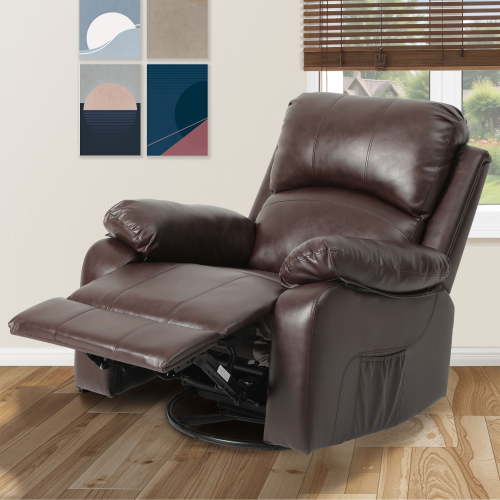 Dextrus Rocker Recliner Chair with Heat & Massage, 360° Swivel, Manual Reclining, Faux Leather, Brown
