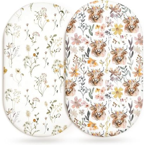 Bassinet Sheets, Fitted Baby Mattress Covers, 33" x 17", Cottage Cow