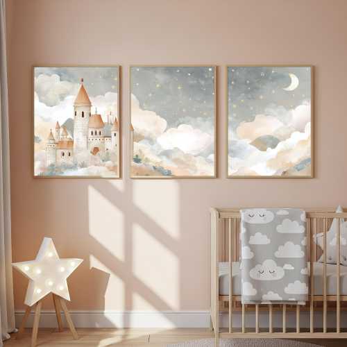 Fairy Tale Castle & Moon Nursery Wall Art Prints, Neutral Storybook Triptych Set of 3 Posters, Celestial Kids Room Decor, Baby Artwork