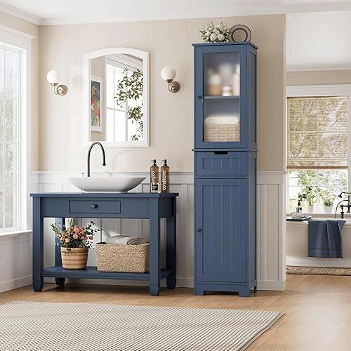 HOSTACK 67" Tall Bathroom Cabinet, Narrow Storage Cabinet, Freestanding Linen Cabinet with Doors and Adjustable Shelf, Floor Kitchen Cabinet for Living Room, Home Office, Blue