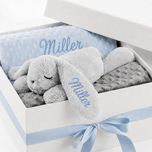 Personalized Baby Blanket and Plush Bunny Set, Custom Baby Blankets and Rabbit with Name, Personalized 2 in 1 Gift Set for Boy Girl Toddlers, Minky Dot Swaddle, Gift Set for Showering, Birthday